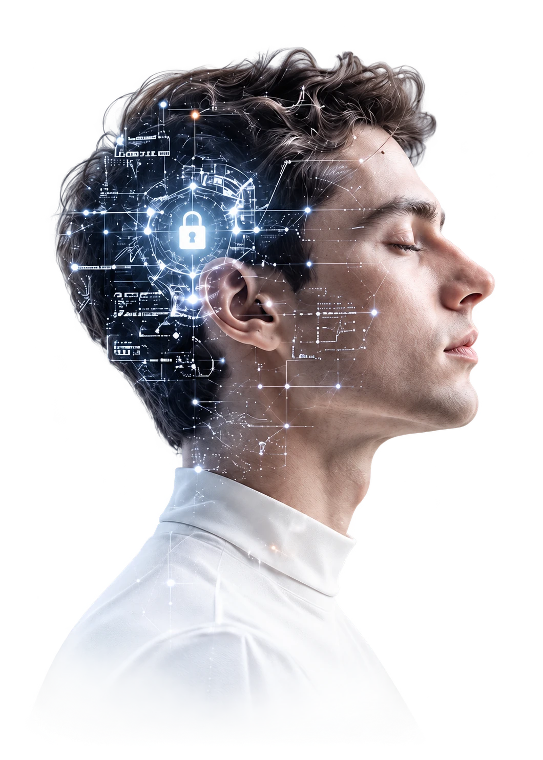 Profile of a person with a glowing digital lock and circuitry inside the head